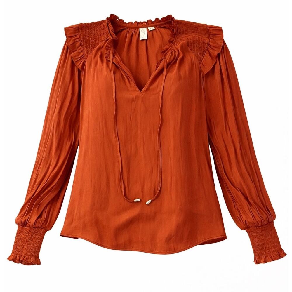 Joie Rust Orange Ruffle Shoulder Peasant Blouse Tie Neck Boho Top - Medium